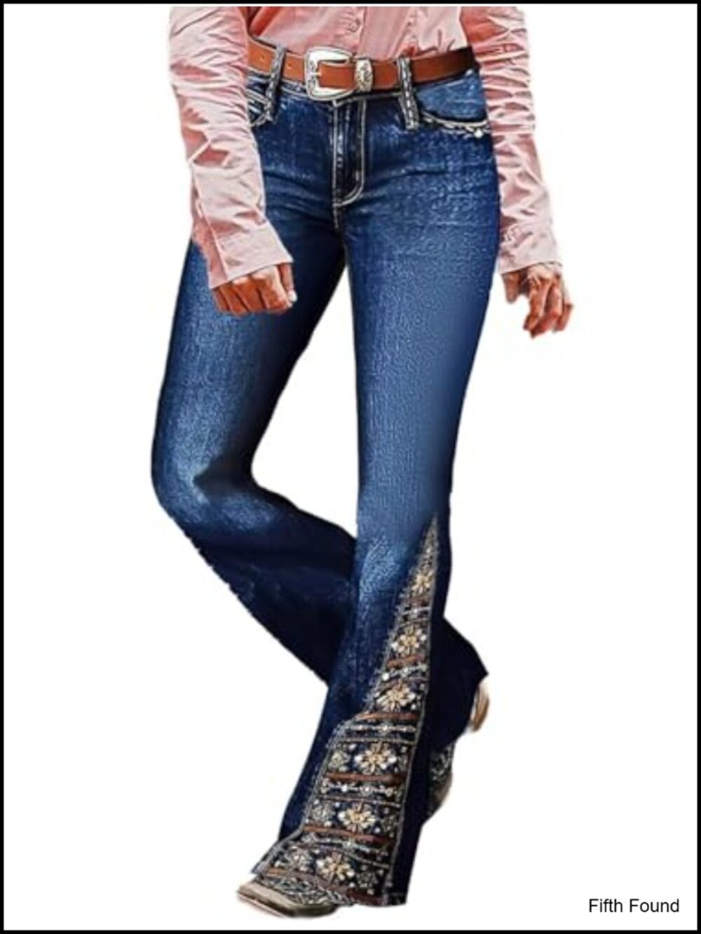 Floral Embroidery Mid Waist High Stretch Bootcut Jeans Button Detail